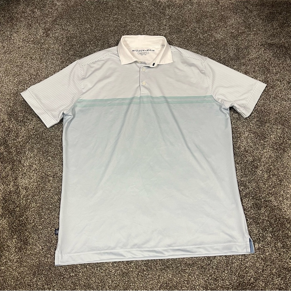 Mizzen + Main Shirt Men's Blue White Golf Polo Performance Golf Trim Fit M